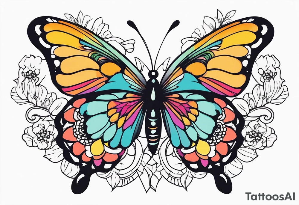 A vibrant butterfly with colorful wings, resting on a flower, showcasing transformation and beauty.” tattoo idea