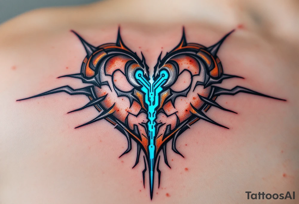 A metallic heart split down the middle, rusting at the edges with blue circuitry exposed inside, symbolizing a lost but once-powerful connection. tattoo idea