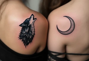 A howling black wolf for and a silver crescent moon on both partners shoulder blade. tattoo idea