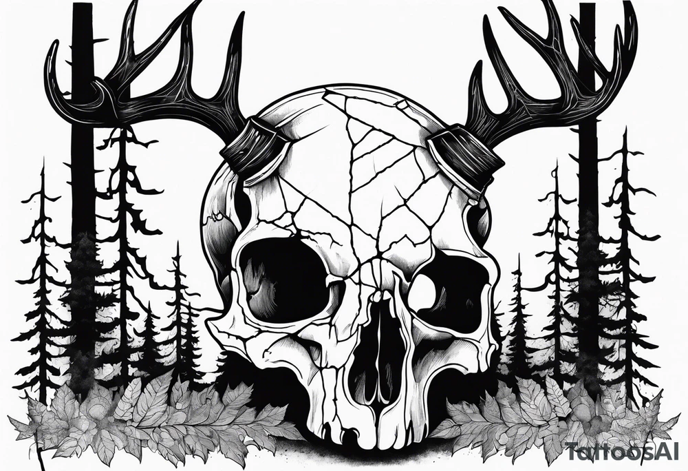 Halloween side view of a DECAYING deer skull JUST BONE surrounded by a forest fire in background tattoo idea