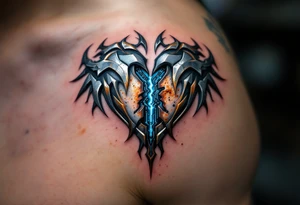 A metallic heart split down the middle, rusting at the edges with blue circuitry exposed inside, symbolizing a lost but once-powerful connection. tattoo idea