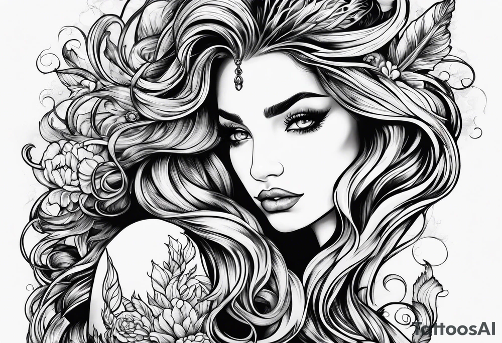 Wildly flowing mermaid hand in her hair tattoo idea