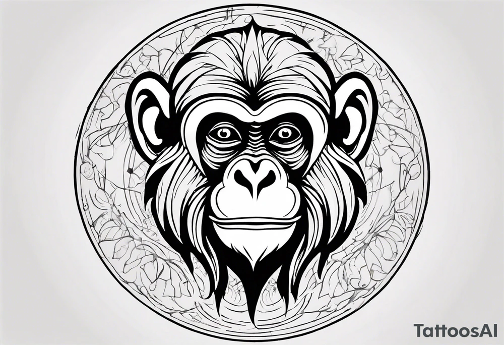 Create an abstract happy monkey body shape on a small disconnected circle where the monkey is just a shape. Do not give the monkey a face. tattoo idea