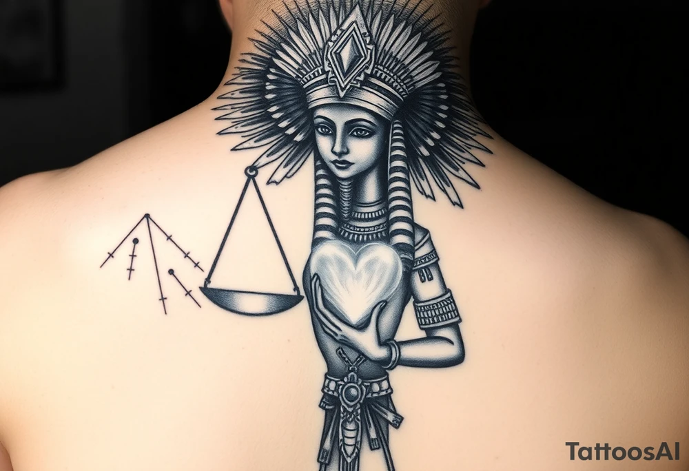 “Super realistic black and grey tattoo of the Egyptian goddess Ma’at, depicted as a regal woman with an ostrich feather headdress, intense glowing eyes, and intricate ancient Egyptian jewelry. She stands or floats amidst swirling cosmic energy and beams of light, with subtle hieroglyphics and pyramids in the background. Incorporate the Scales of Justice—one side holding a heart, the other Ma’at’s feather—glowing with ethereal energy. Emphasize dramatic lighting, deep shadows, and surreal, mystical atmosphere to match a sleeve with Anubis and cosmic motifs. Design should flow with existing sleeve art, using soft transitions and layered textures. tattoo idea