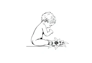 A simple tile floor with a minimalist outline of a curled up child sitting on the floor with a lily next to her tattoo idea