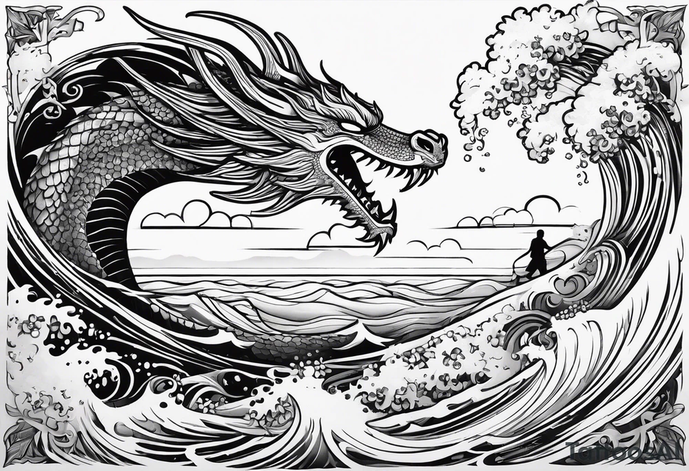 create me a tattoo with a dragon on a wave and a feild of violets and a man and a child walking together tattoo idea