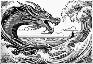 create me a tattoo with a dragon on a wave and a feild of violets and a man and a child walking together tattoo idea