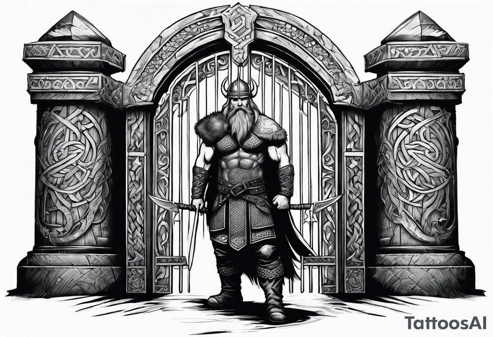 A Viking standing in front of the gate to the valhalla. tattoo idea
