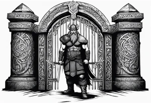 A Viking standing in front of the gate to the valhalla. tattoo idea