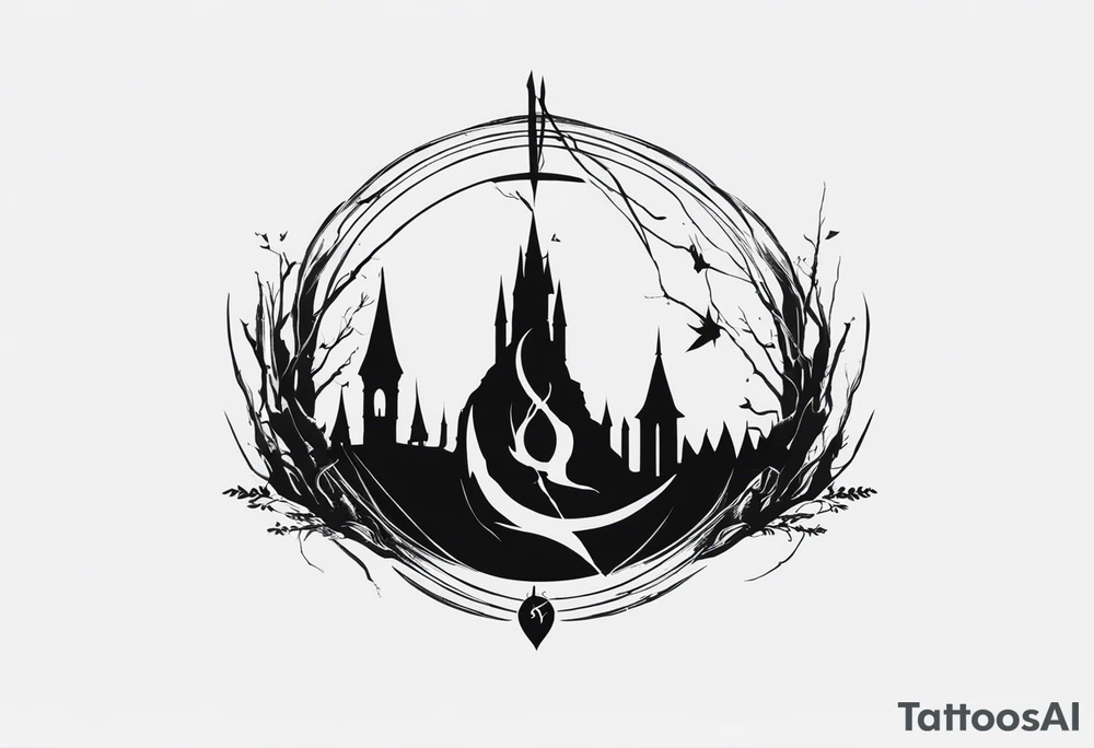Lord of the rings with Harry Potter incorporated but clear visual of both movies. Small and minimal. Something like the deathly hallows symbol made out of swords and wizard staff from LOTR tattoo idea