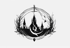 Lord of the rings with Harry Potter incorporated but clear visual of both movies. Small and minimal. Something like the deathly hallows symbol made out of swords and wizard staff from LOTR tattoo idea