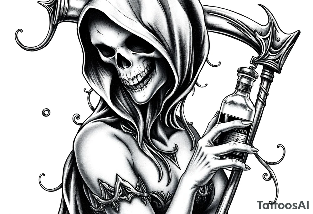 Sexy Female grim. Reaper and her
 death bringer poison bottle tattoo idea