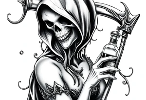 Sexy Female grim. Reaper and her
 death bringer poison bottle tattoo idea