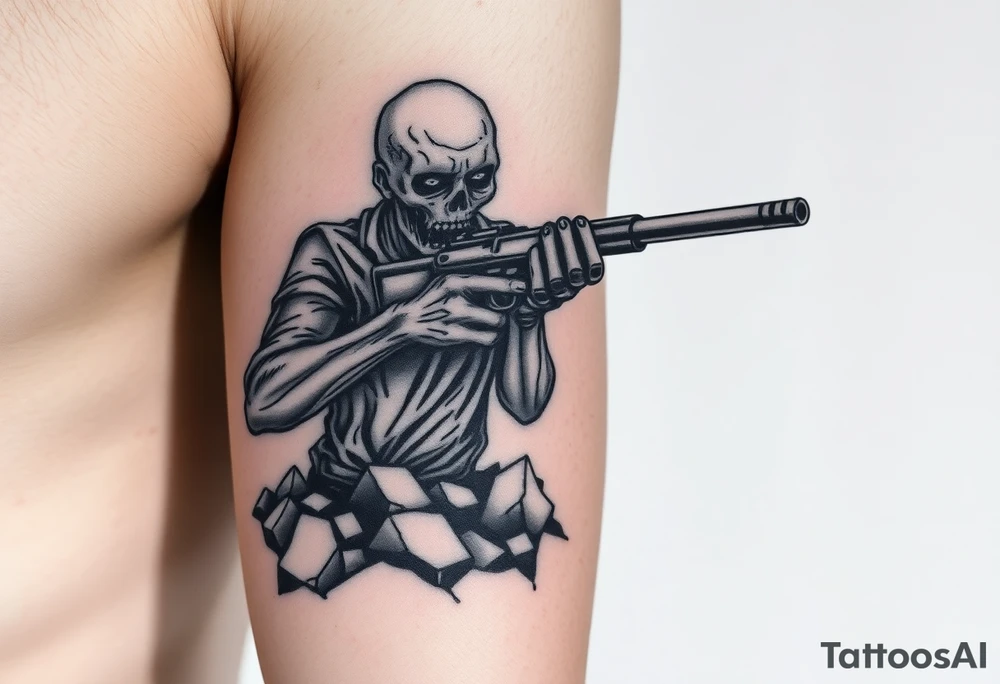 Zombie holding a shotgun, emerging from cracked earth, dark realism style. tattoo idea