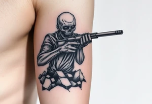 Zombie holding a shotgun, emerging from cracked earth, dark realism style. tattoo idea