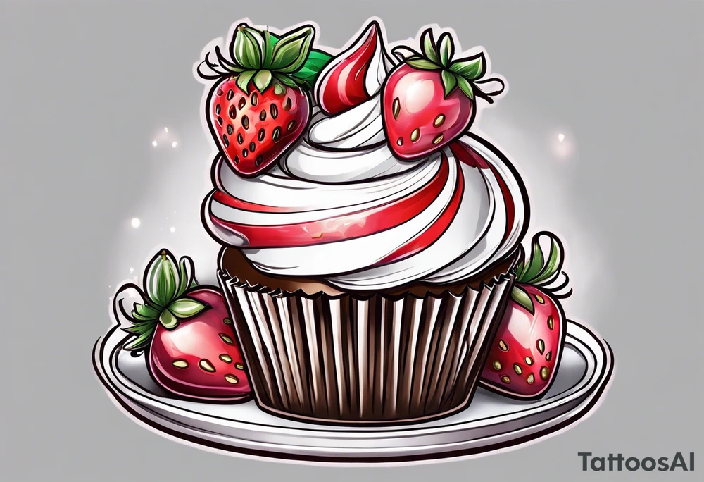 Cupcake with strawberries bows and sweet imagery tattoo idea