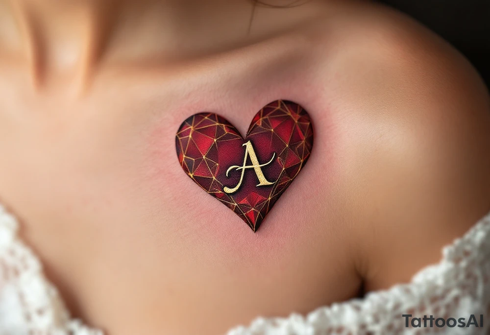A deep red heart with a golden cursive letter "A" delicately engraved in the center, symbolizing passion and devotion. tattoo idea