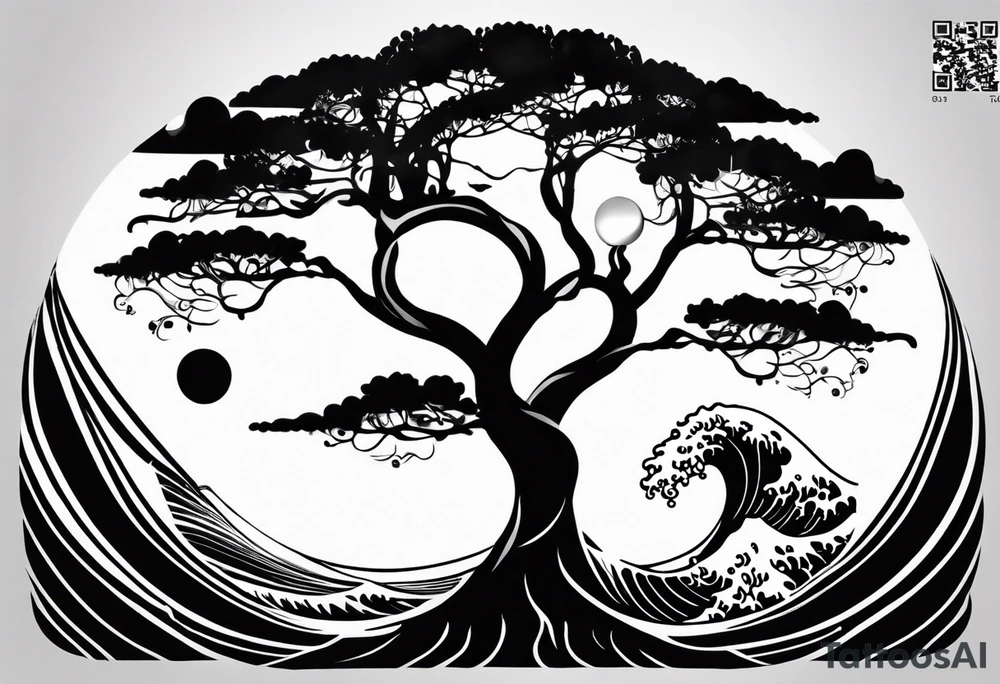 an abstract Tree of life tattoo design. Black and white. It should have roots growing out of the bottom. The roots slowly transform into water waves from the great wave by Hokusai. A golf ball should be placed discreetly. Like in the place of a moon. 2 license plate tags should be hanging from the tree. Place a few music notes. The letters A U should be engraved into the tree trunk in a heart tattoo idea