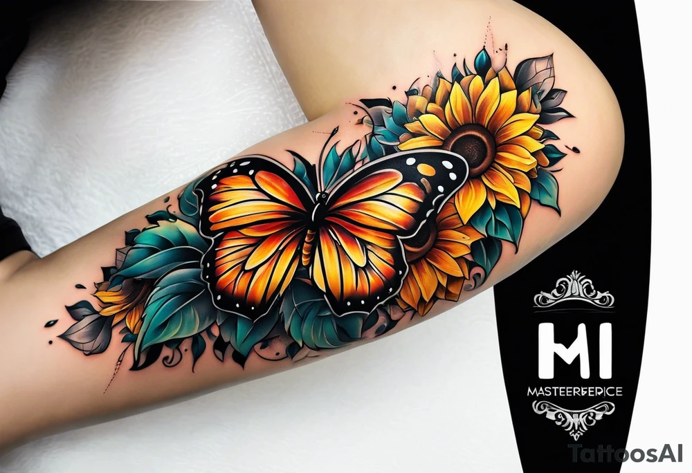 Sunflower and butterfly leg sleeve tattoo idea