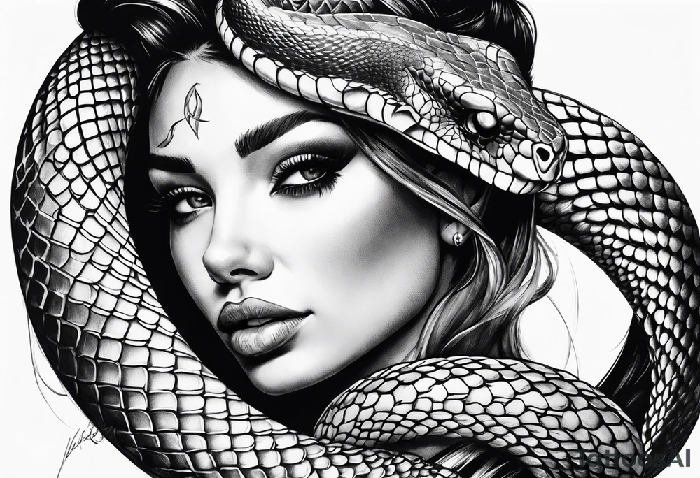 Big snake on girl head tattoo idea