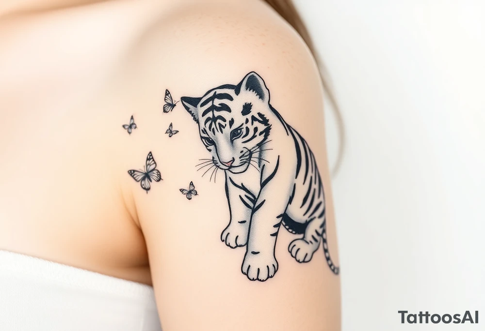 Tiger cub playing with butterflies tattoo idea