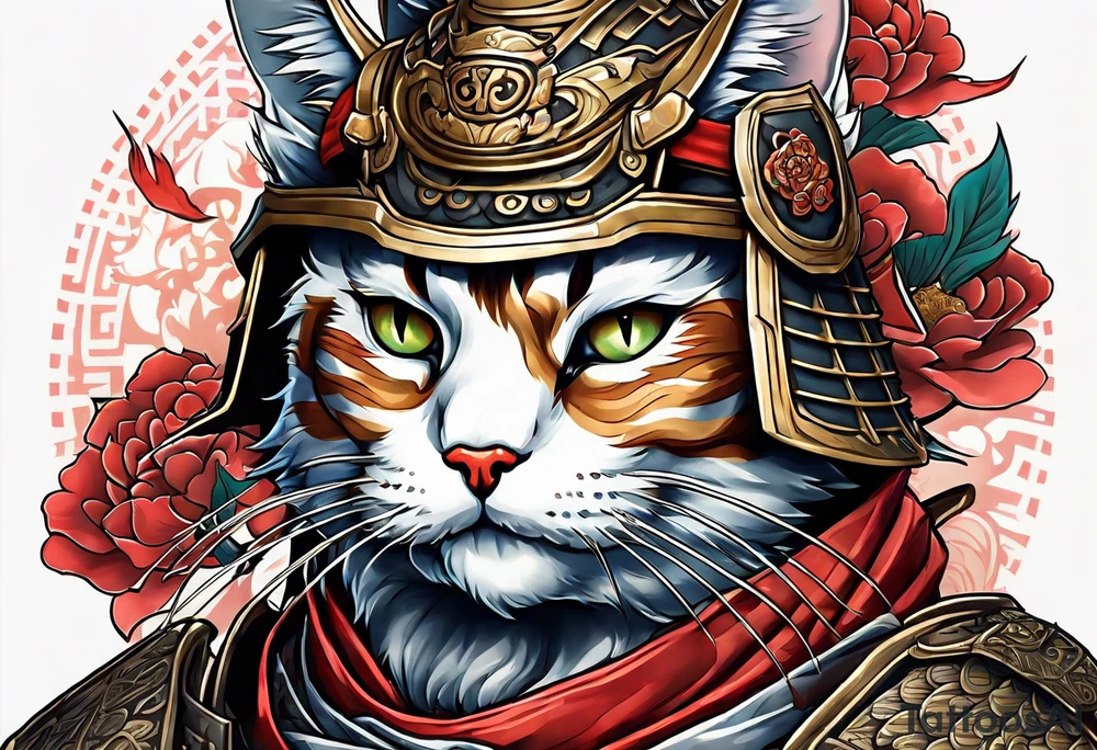 Full body of a cat in samurai armor on top of dead bodies tattoo idea
