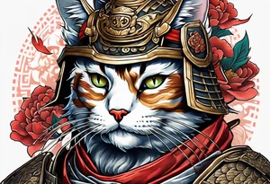 Full body of a cat in samurai armor on top of dead bodies tattoo idea