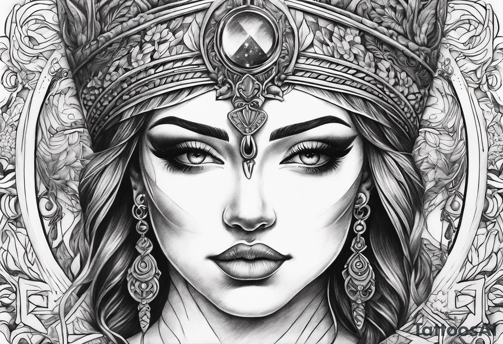 Blind folded goddess with libra and dagger tattoo idea