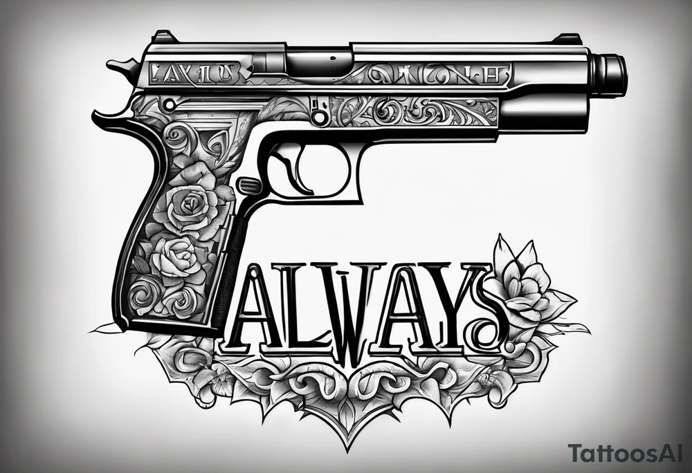 The letters AR with a pistol on each side and the word always on the top and ready on the bottom tattoo idea