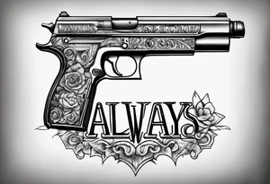 The letters AR with a pistol on each side and the word always on the top and ready on the bottom tattoo idea