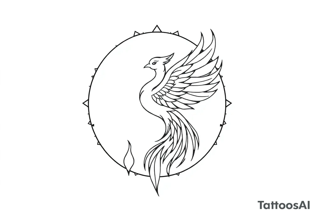 magical phoenix rising from golden flames with trailing embers surrounded by geometric sun and moon tattoo idea