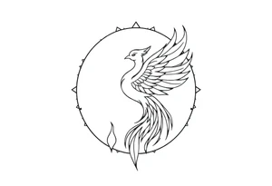 magical phoenix rising from golden flames with trailing embers surrounded by geometric sun and moon tattoo idea