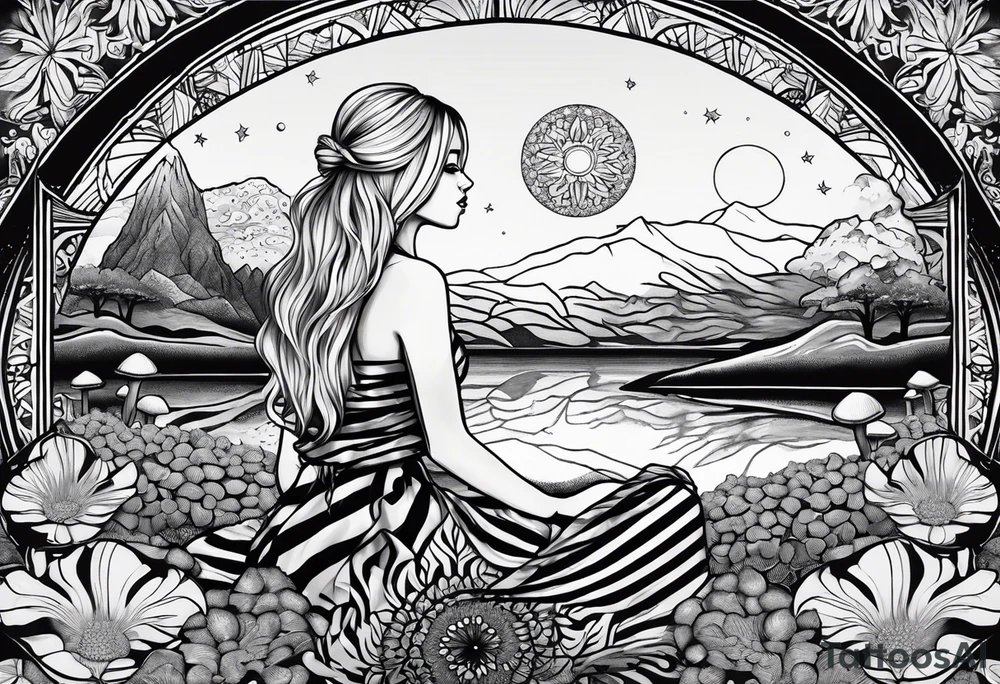 Straight blonde hair girl meditating facing away toward mountains surrounded by mushrooms crescent moon mandala circular design black and white striped dress tattoo idea