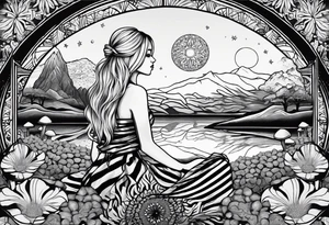 Straight blonde hair girl meditating facing away toward mountains surrounded by mushrooms crescent moon mandala circular design black and white striped dress tattoo idea