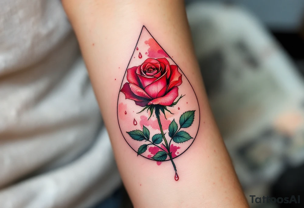 A teardrop shape containing a detailed red rose, with dark green leaves and a few drops of water falling from the petals, representing love, loss, and growth. The rose should have deep red hues, with vibrant green accents in the leaves and gentle shading for depth. tattoo idea