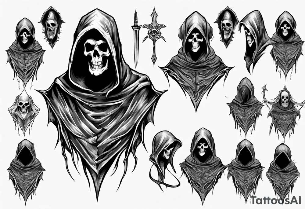 hooded reaper upper body, no skull tattoo idea