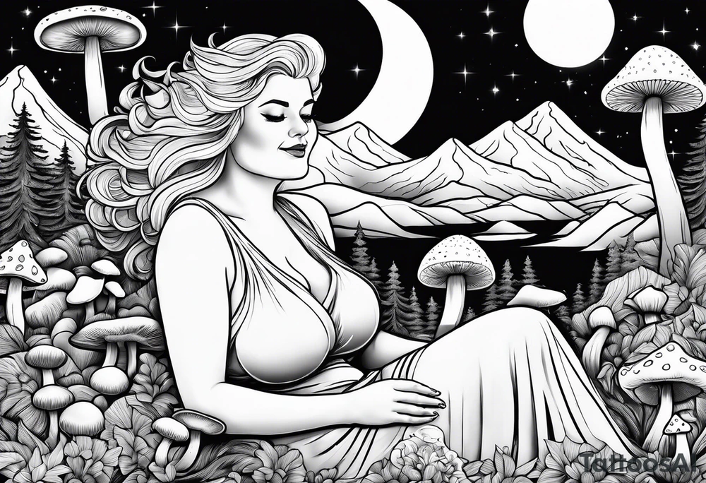 Older blonde fat woman no makeup surrounded by mushrooms mountains crescent moon background tattoo idea