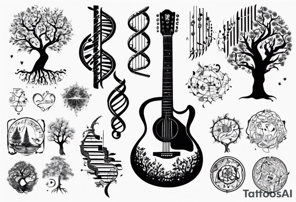 DNA science guitar piano, music. tree of life tattoo idea