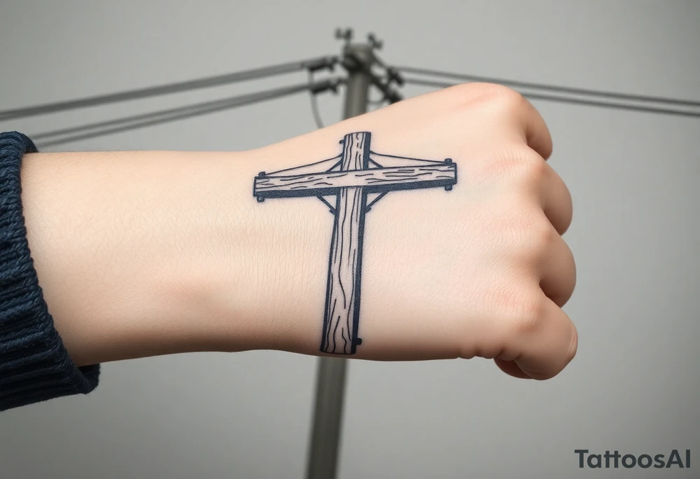 a wooden 12kv distribution pole with electrical lines. Make the pole a cross that has a hidden resemblance to god. tattoo idea