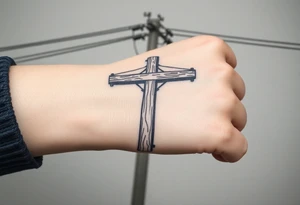 a wooden 12kv distribution pole with electrical lines. Make the pole a cross that has a hidden resemblance to god. tattoo idea