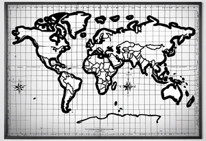 flat map of the word on a grid with a small compass compass tattoo idea