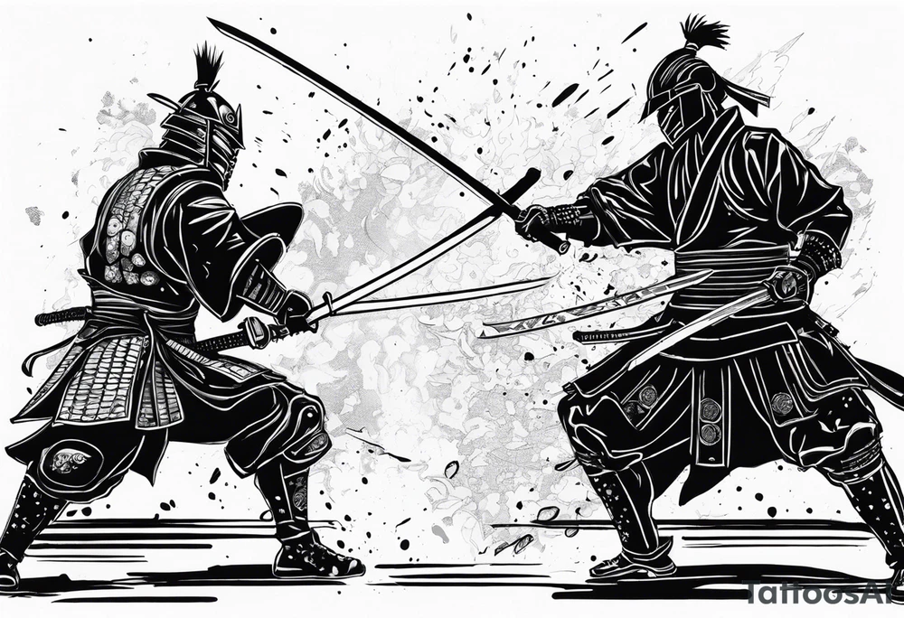 cyberpunk samurai and human samurai in a duel right after first strike human slashes through robot with big fluid splatter tattoo idea