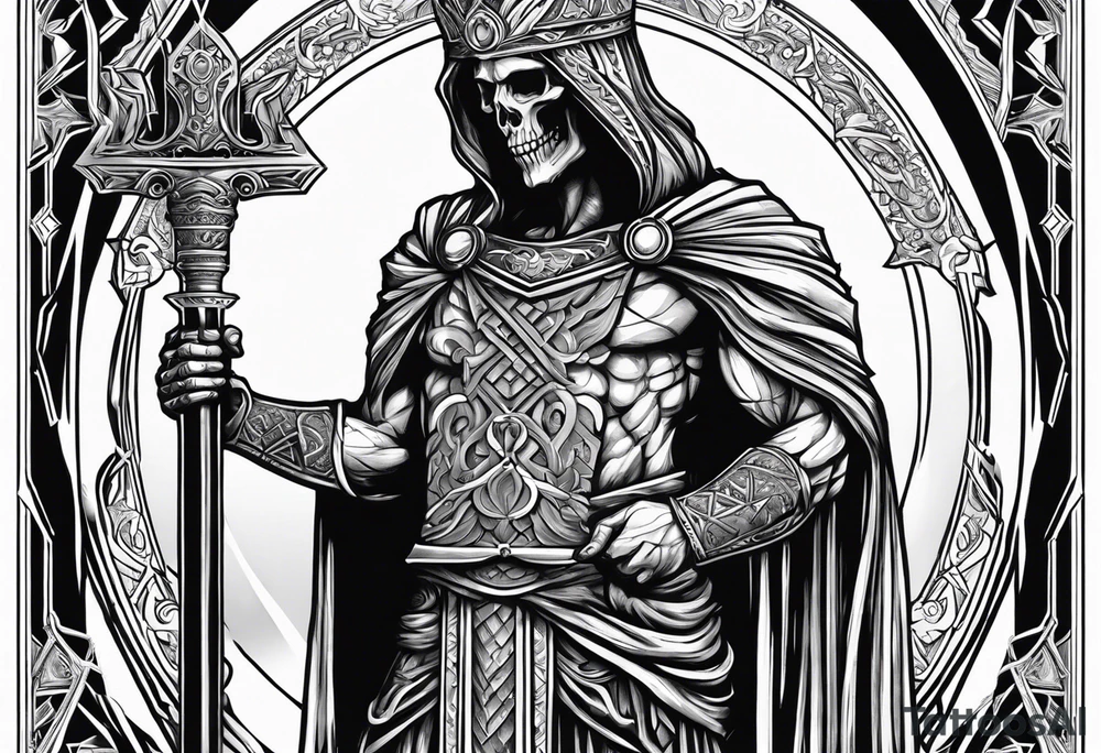 Thanatos, the greek god of death, holding a sword and a torch tattoo idea