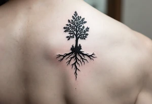 家 (jiā, “family”) in earthy brown is placed near a tree symbol for roots and legacy. tattoo idea