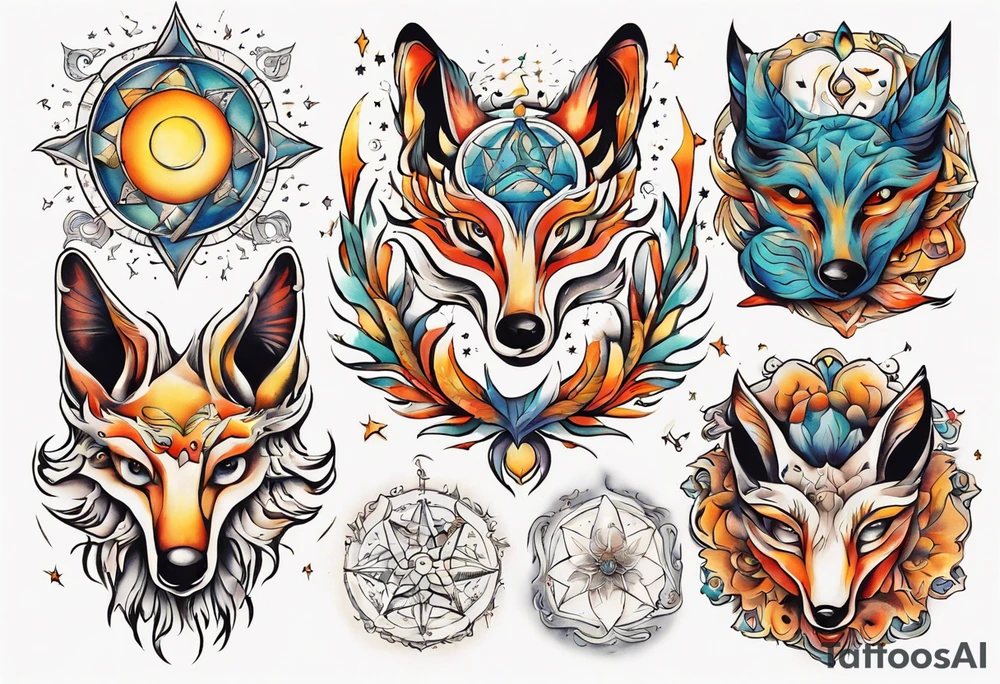fisch, fuchs und eule , symetrie  sonne, universum, bunt, " sapere aude" tattoo idea
