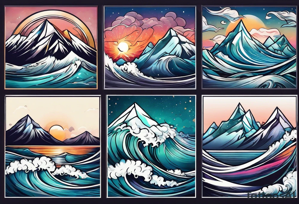 Mountains and ocean waves  crashing diamond shape tattoo idea