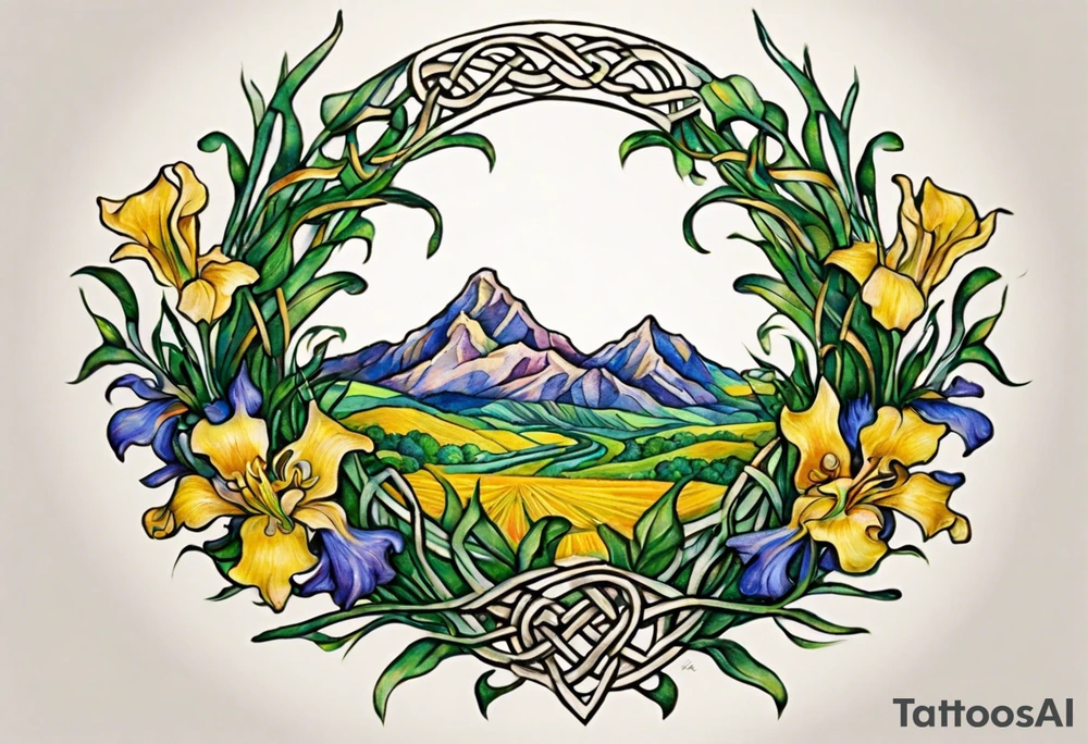Create a small, colorful Vincent van Gogh Irises tattoo in the form of a crescent, with vines in Celtic knot style gracefully intertwining at a central point in the middle of the wreath. The intended placement is on the upper chest. The middle needs mountains. The overall design should be small in size while maintaining a delicate and artistic aesthetic. Pay attention to the graceful flow of the vines and the placement of the irises to achieve a refined and elegant look. tattoo idea