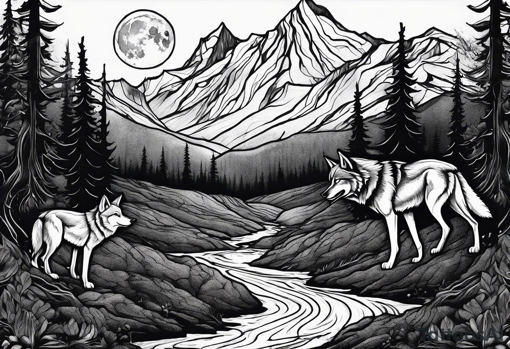 Half sleeve from shoulder
Peaks of mountains with a moon behind it
Dark woods below the mountains with a narrow trail with two wolves on bottom of the trails tattoo idea