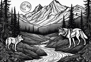 Half sleeve from shoulder
Peaks of mountains with a moon behind it
Dark woods below the mountains with a narrow trail with two wolves on bottom of the trails tattoo idea