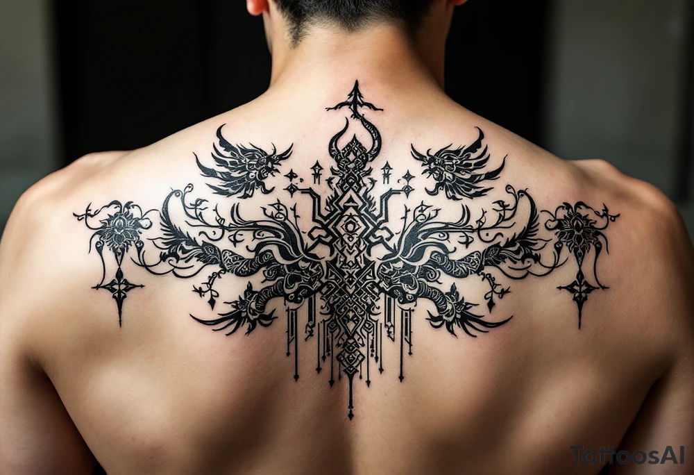 A Sak Yant tattoo features intricate geometric patterns and sacred script arranged symmetrically, often combining a central yantra design with surrounding lines of ancient Khmer prayers and animal or deity motifs for spiritual protection and power. tattoo idea